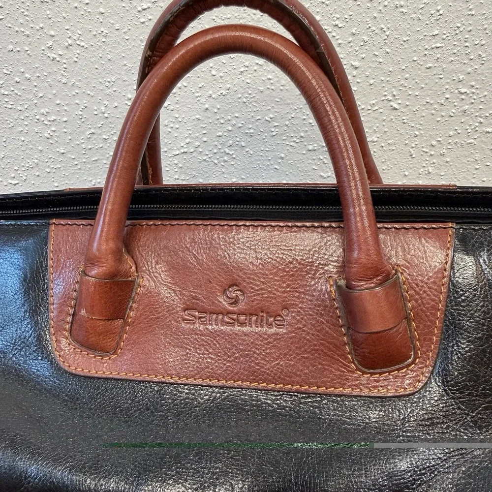 Vintage Samsonite Black Leather Travel Business Tote Bag With Shoulder Strap